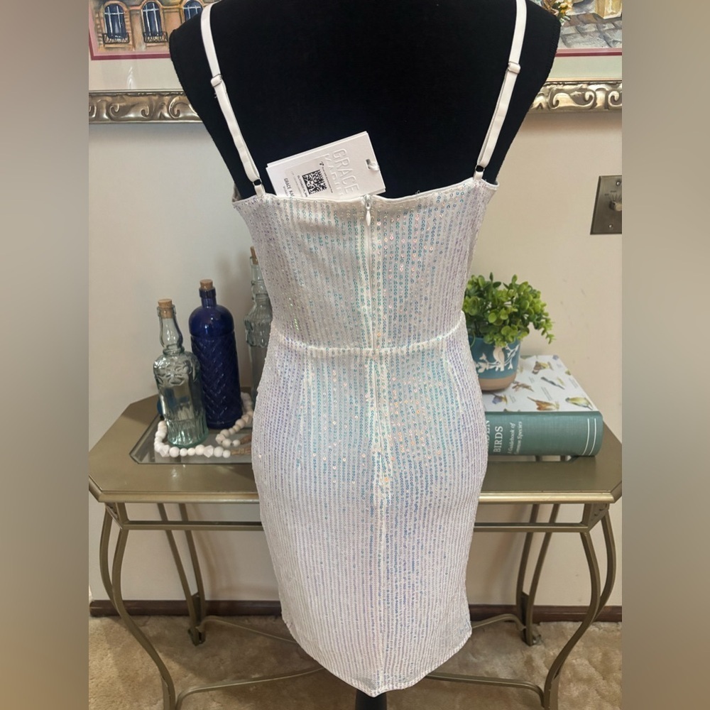 Grace Karin White Sequin Mini Dress Spaghetti Strap Sleeveless Bodycon Size S - Picture 5 of 13